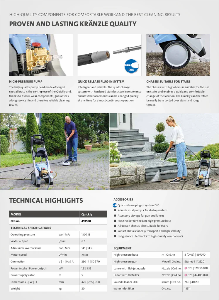Kranzle power washer advertisement with text and images of the product in use.