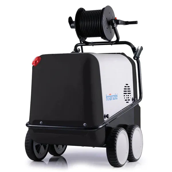 Black and white pressure washer with hose reel on a white background