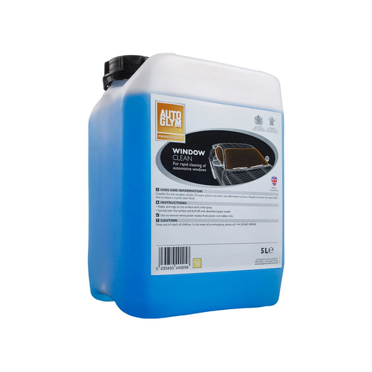 Blue and white container of Auto Glym window cleaner on a white background