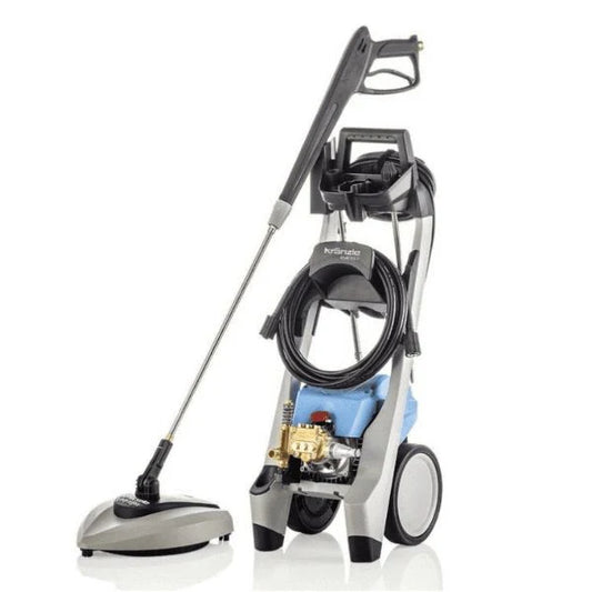 Power washer with hose and nozzle on a white background
