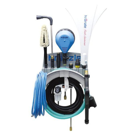 Hozelock patio cleaner with various nozzles and hoses on a white background