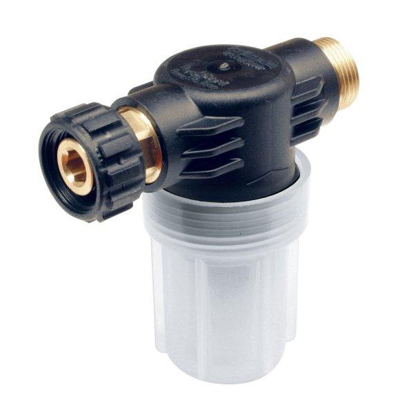 Pump nozzle with black and brass components on a white background