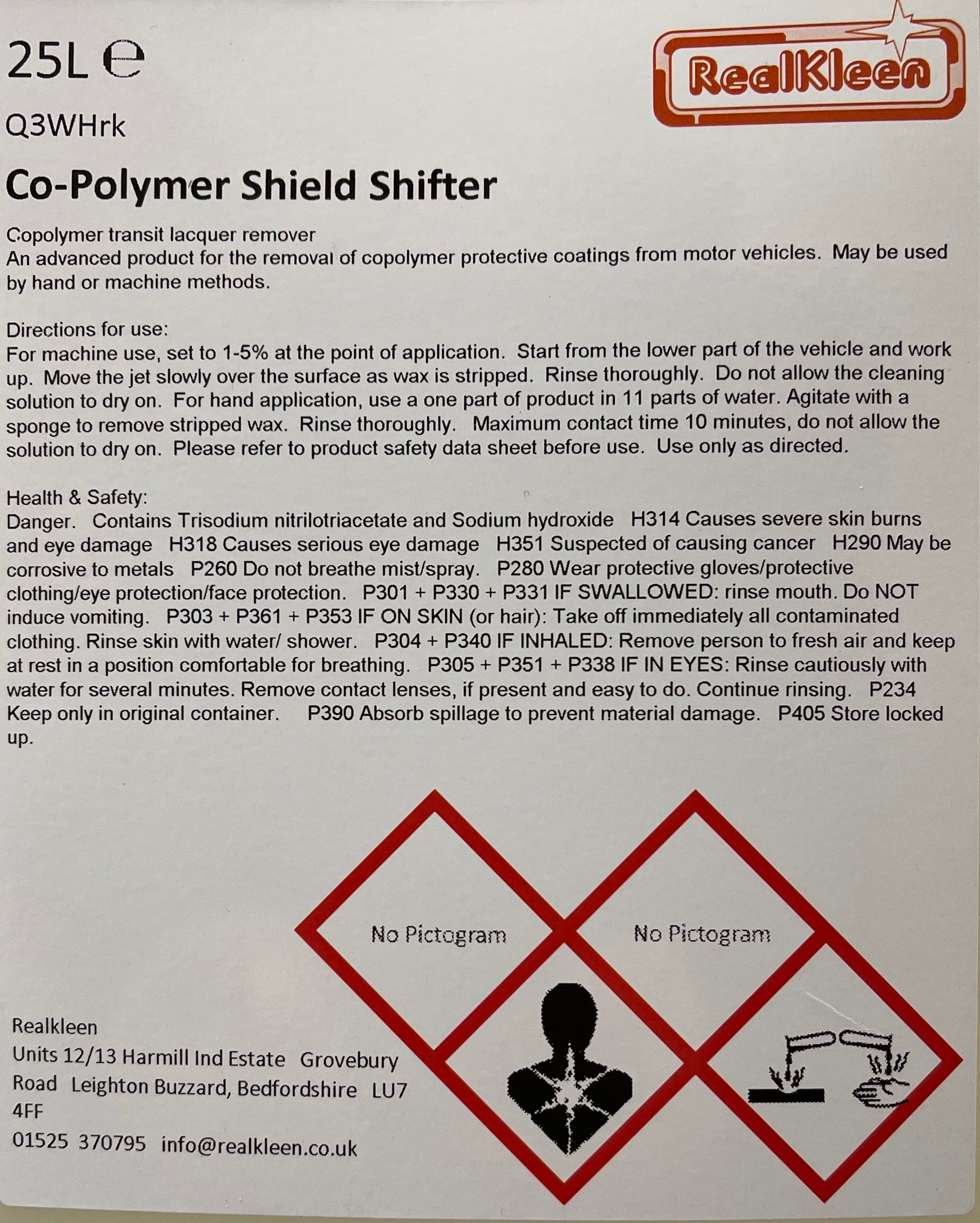 Box of Real Kleen Co-Polymer Shield Shifter with warning labels and product details.