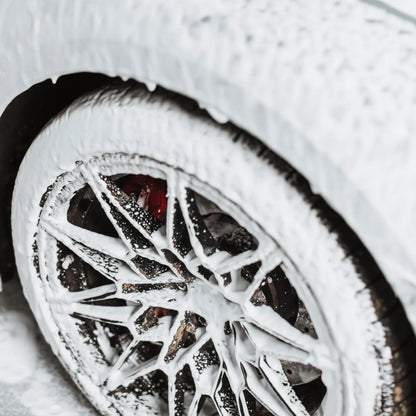 Close-up of a car wheel with snow on the rim