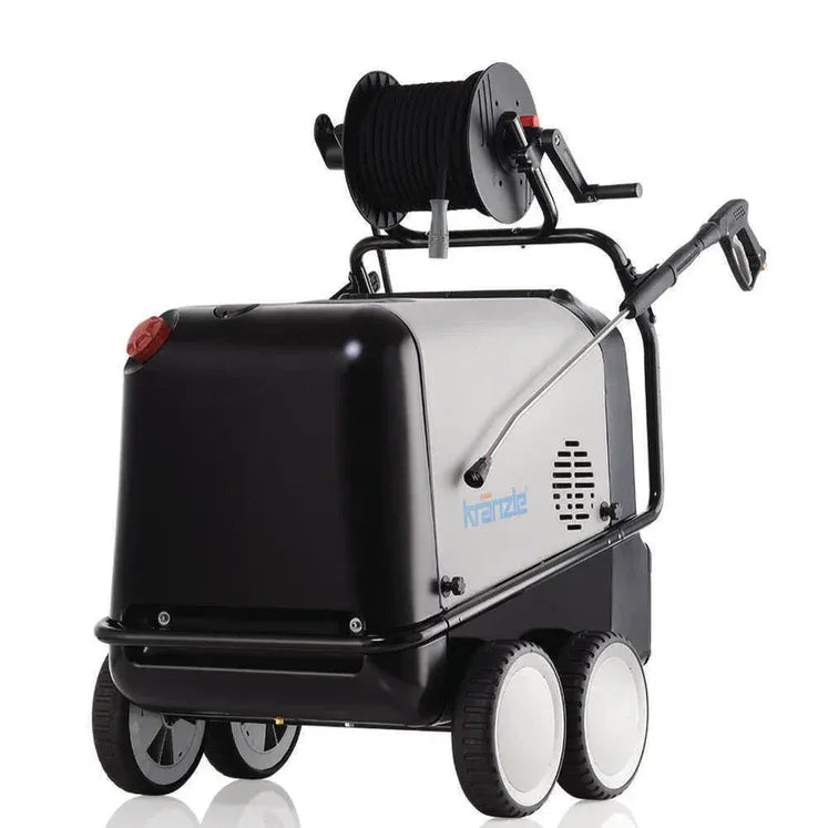 Black and gray pressure washer with hose reel on a white background