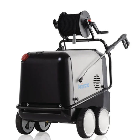 Black and gray pressure washer with hose reel on a white background