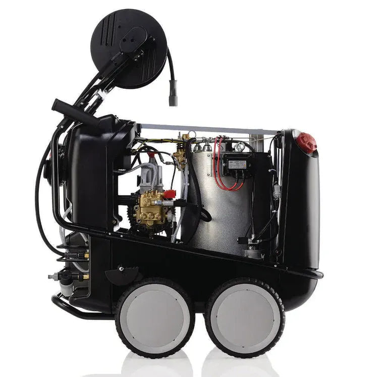 Black industrial machine with wheels on a white background
