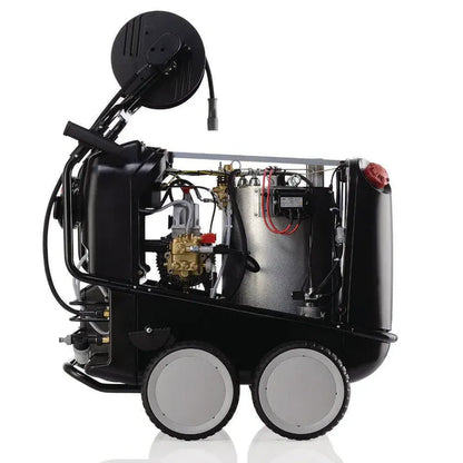 Black industrial machine with wheels on a white background