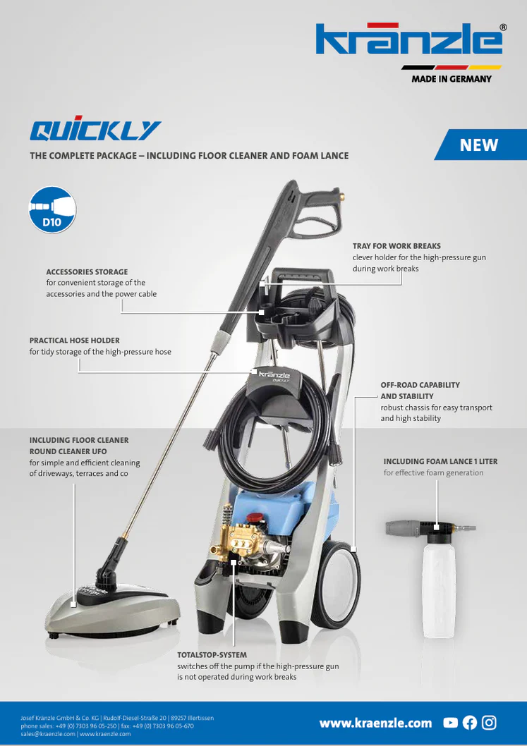 Kranzle floor cleaner and foam lance with features highlighted on a gray background