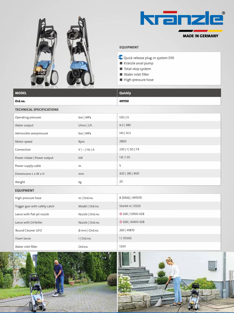 Kranzle pressure washer with technical specifications and usage scenarios on a gray background