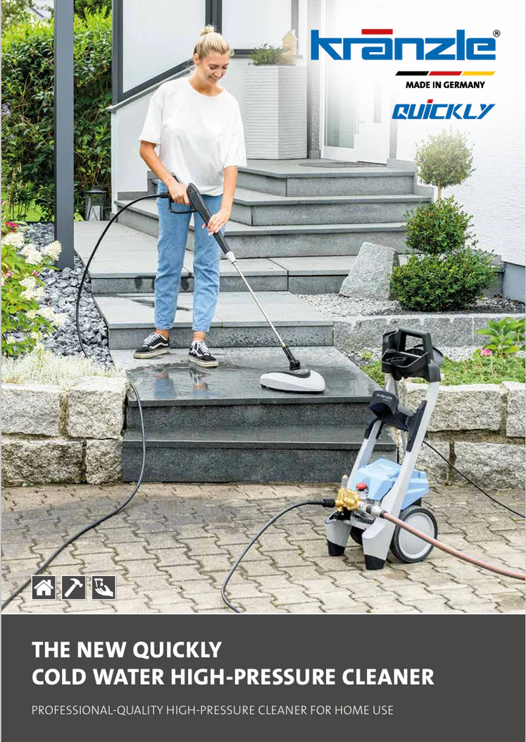 Person using a high-pressure cleaner on steps with Kranzle branding.