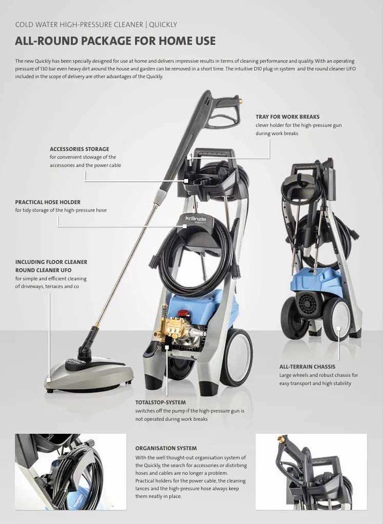 Cold water high-pressure cleaner with various attachments on a white background