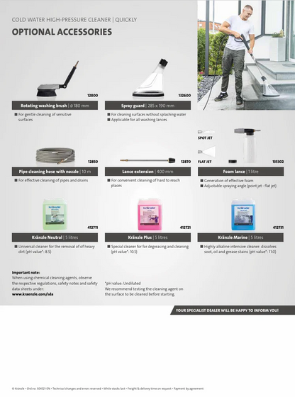 Brochure page with cold water high-pressure cleaner accessories and a person using the cleaner.