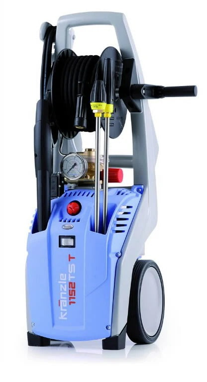 Blue and gray pressure washer with hose reel on a white background