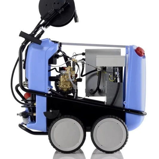 Blue industrial machine with mechanical components on a white background
