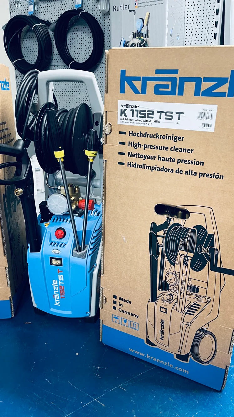 Kranzle high-pressure cleaner with packaging on a blue floor