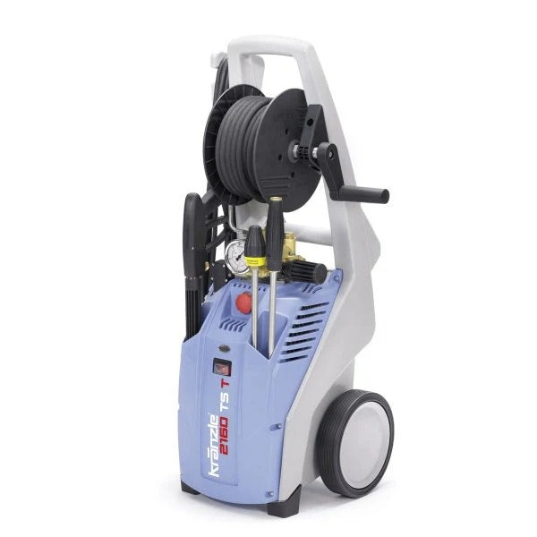 Blue and white pressure washer with hose reel on a white background