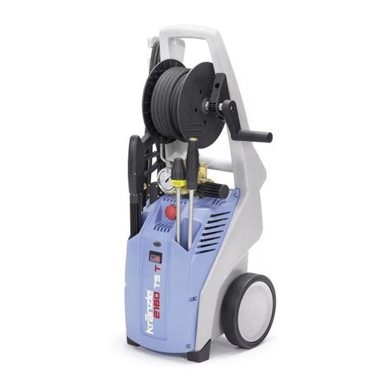 Blue and white pressure washer with hose reel on a white background