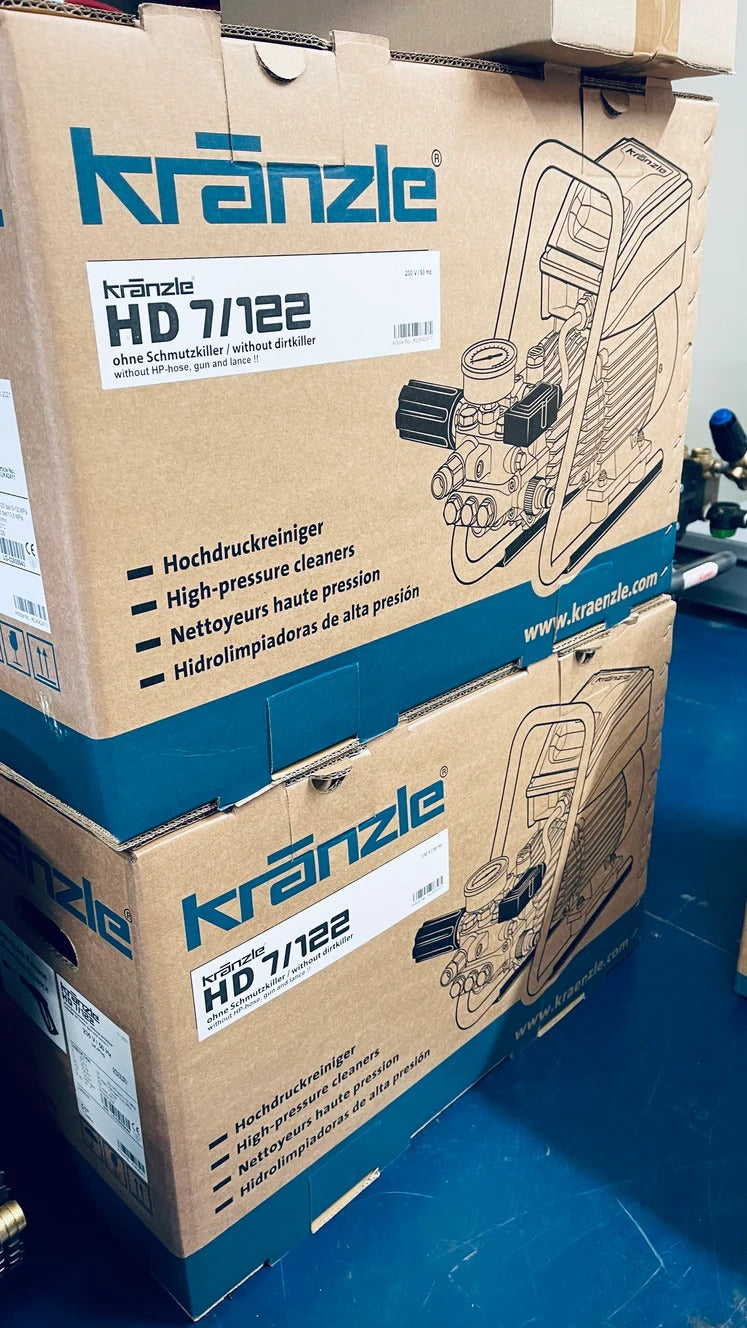 Kranzle high-pressure cleaner boxes stacked on a blue surface