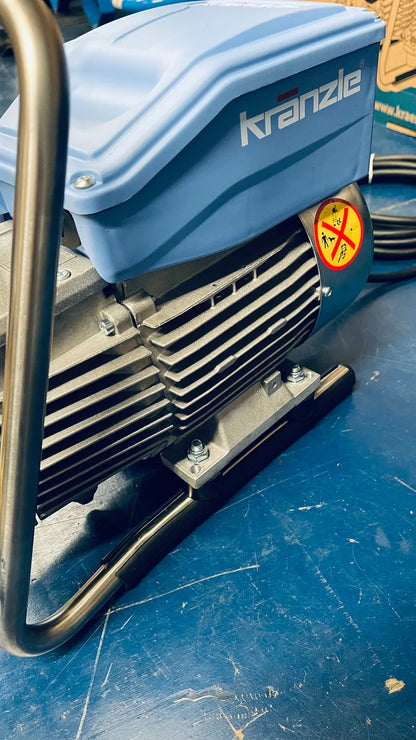 Blue air compressor with 'Kranzle' branding on a blue surface