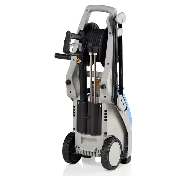 Pressure washer with hose reel and nozzles on a white background