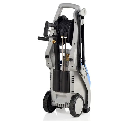 Pressure washer with hose reel and nozzles on a white background
