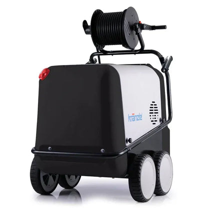 Black and white pressure washer with hose reel on a white background