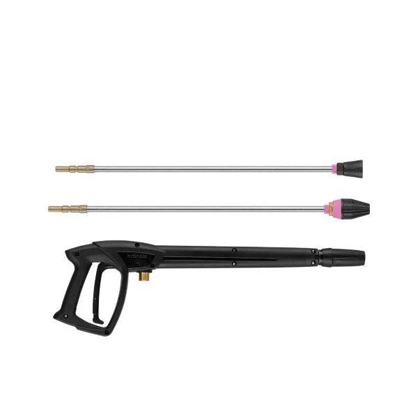 Black pressure washer gun with two nozzles on a white background