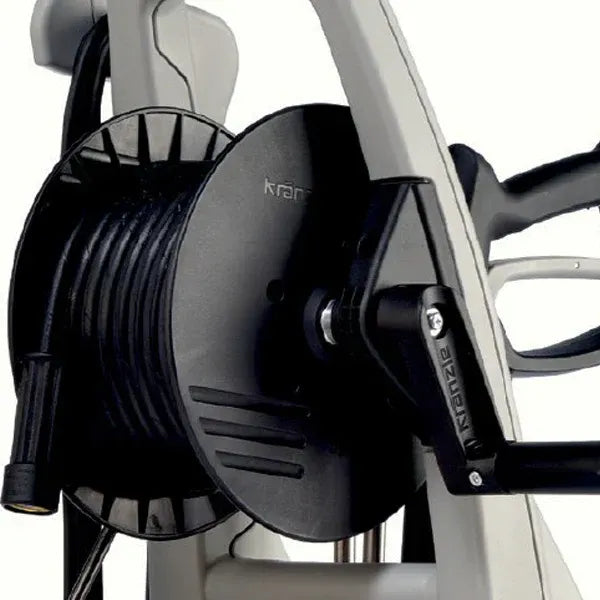 Close-up of a fishing reel on a white background
