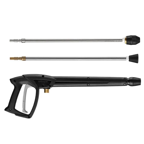 Black pressure washer gun with two additional nozzles on a white background